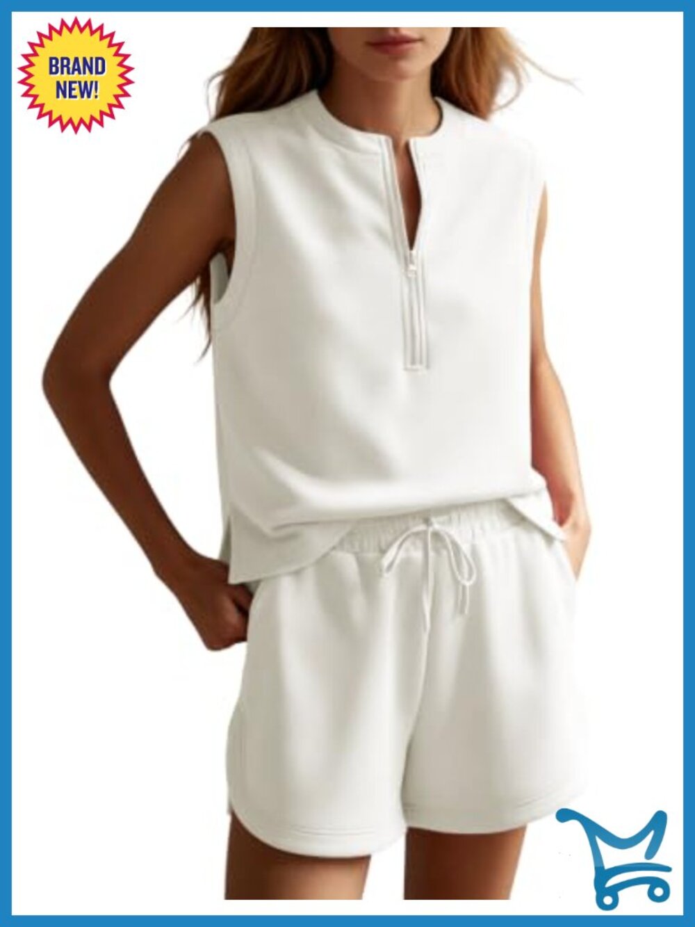 Matching 2 Piece Set: Sleeveless Half Zip Tank & High Waist Shorts with Pocket
